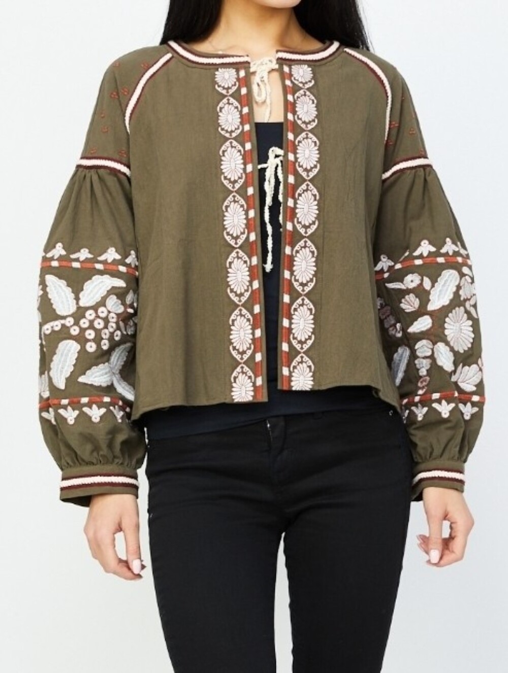 RD Koko Embroidered Olive Peasant Blouse with Balloon Sleeves, Size L